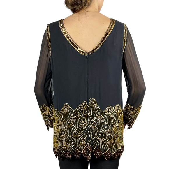 BLACK TIE BY OLEG CASSINI SILK BEADED DECO EMBELLISHED SHEER PANEL TUNIC BLOUSE - Picture 3 of 12